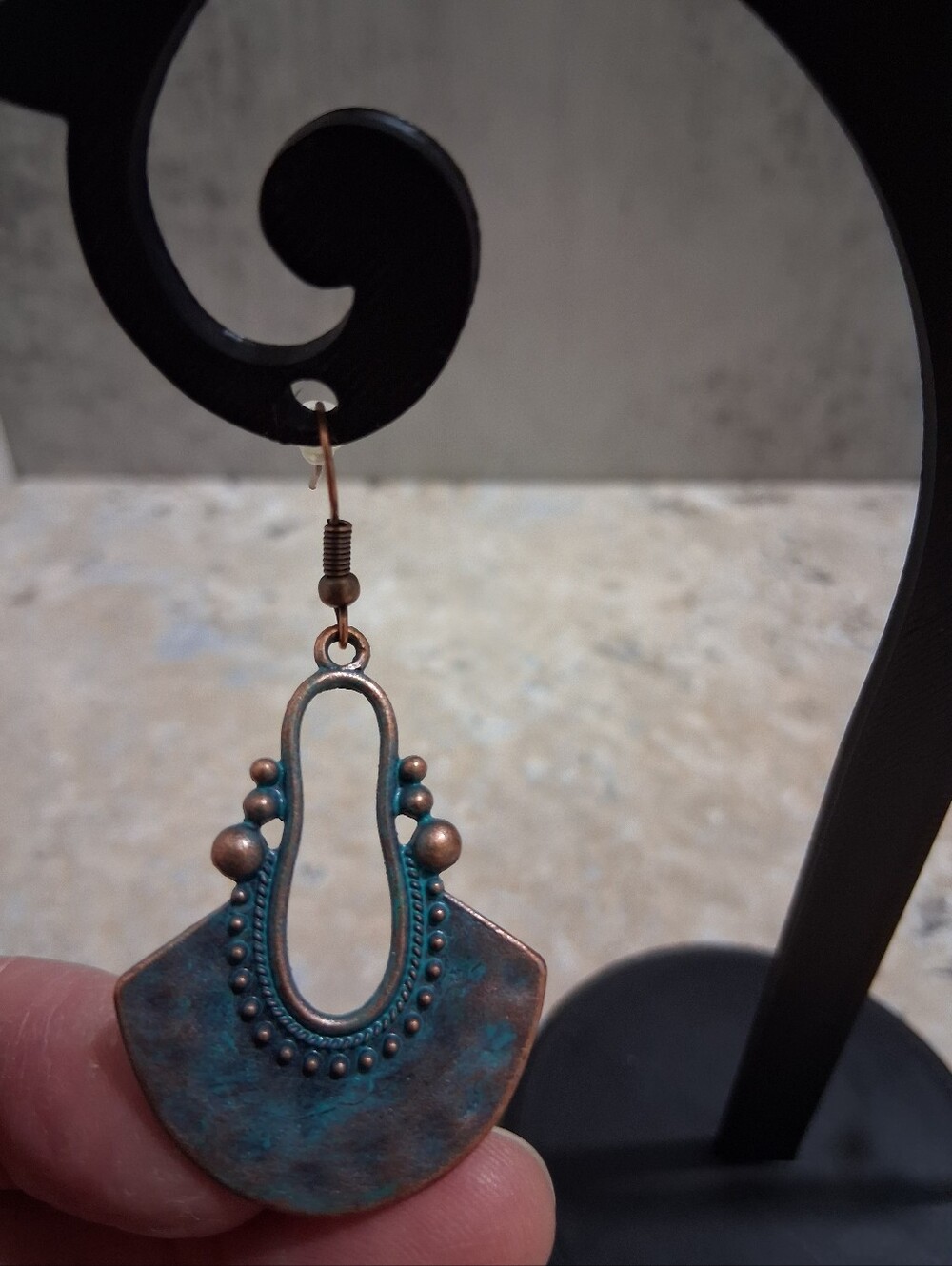 Copper Fan-Shaped Drop Earrings - Green and Brown - Picture 3 of 5
